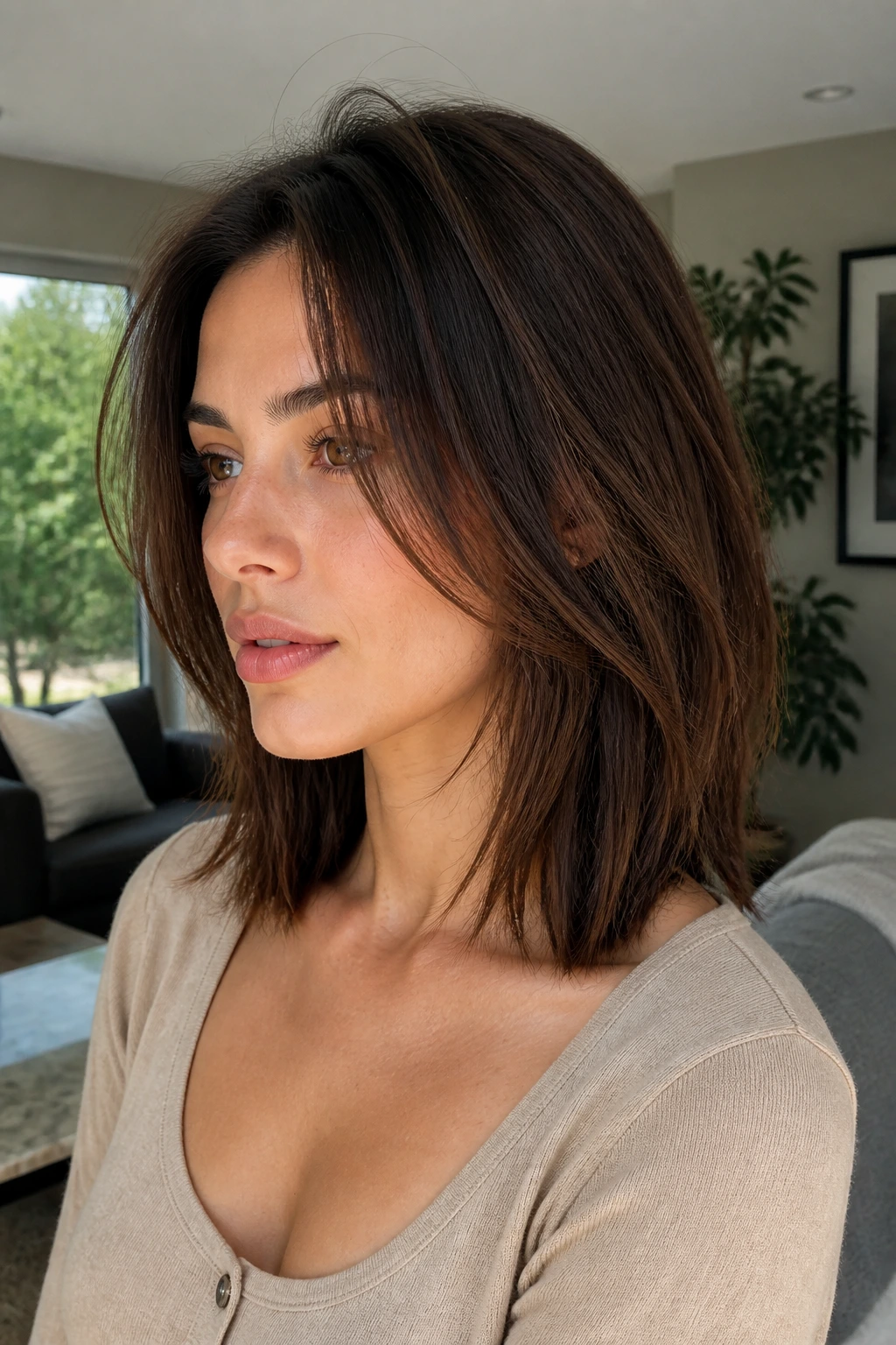 Close-up of a real woman showing internal layers in a flat-haired lob with crown lift.