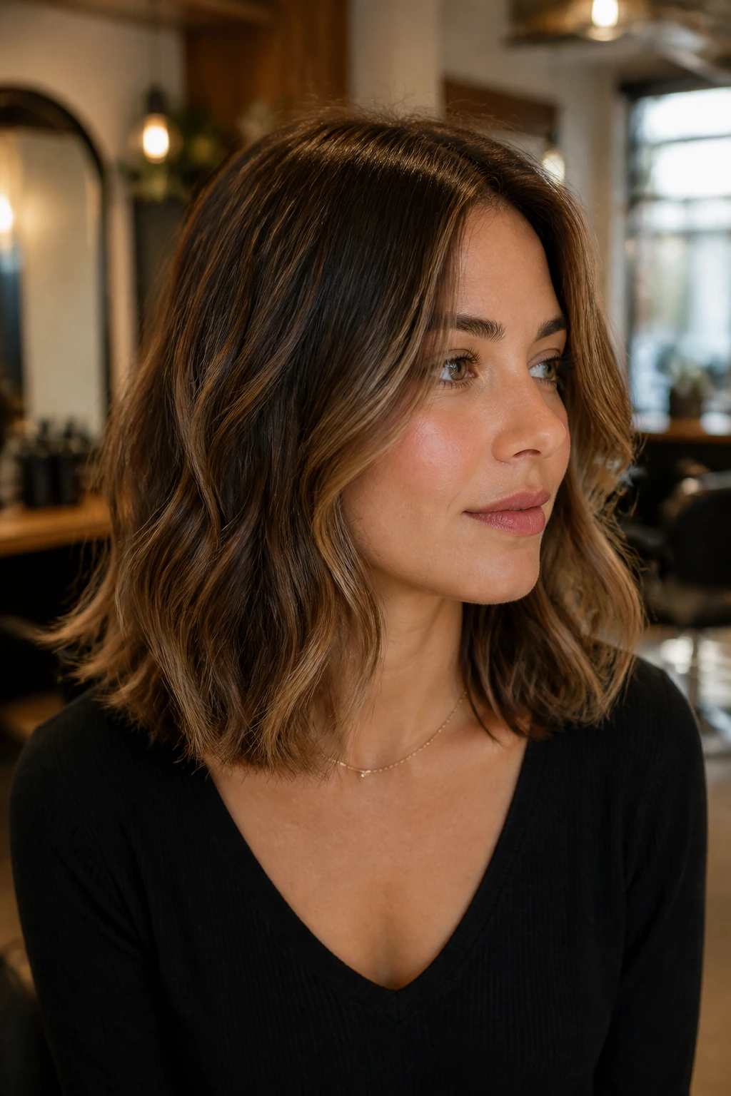 Real woman portrait showing internal-layer lob with wavy collarbone-length hair