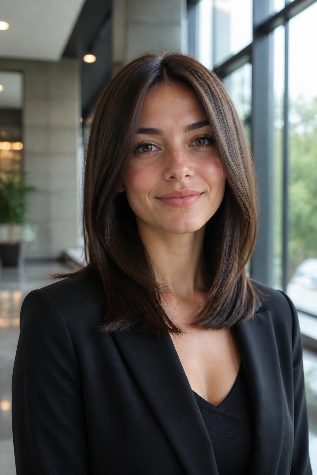 Close-up of a real woman's internal-layer midi haircut