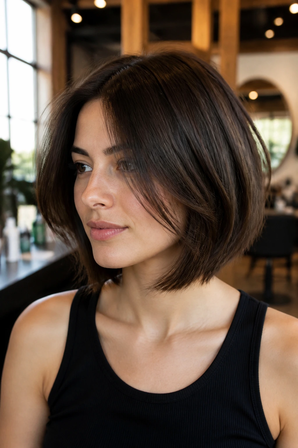 Close-up portrait of a real woman with an Internal-Layer Movement Bob highlighting inner layers and movement