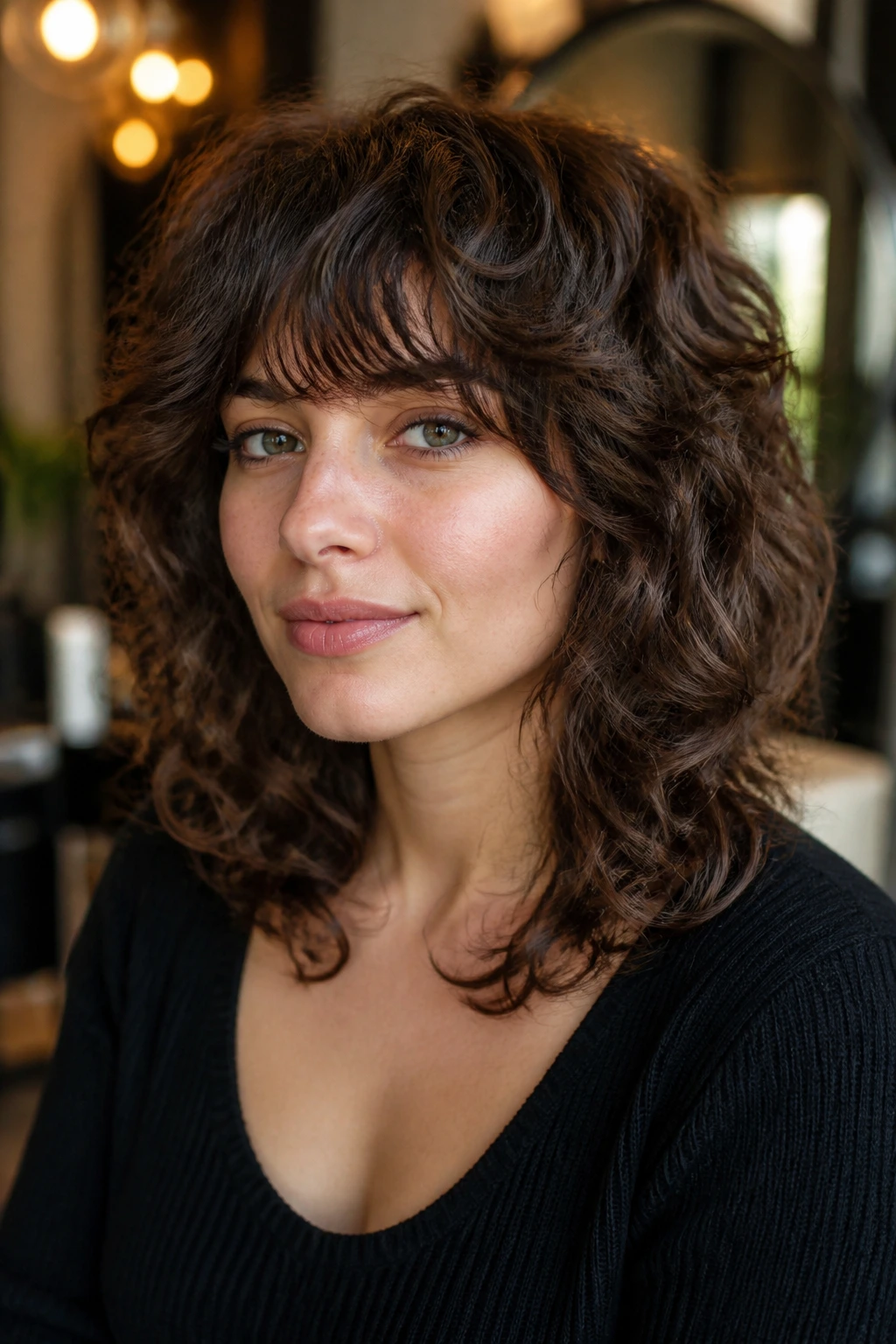 Portrait of a real woman with internal-layer shag and curved fringe