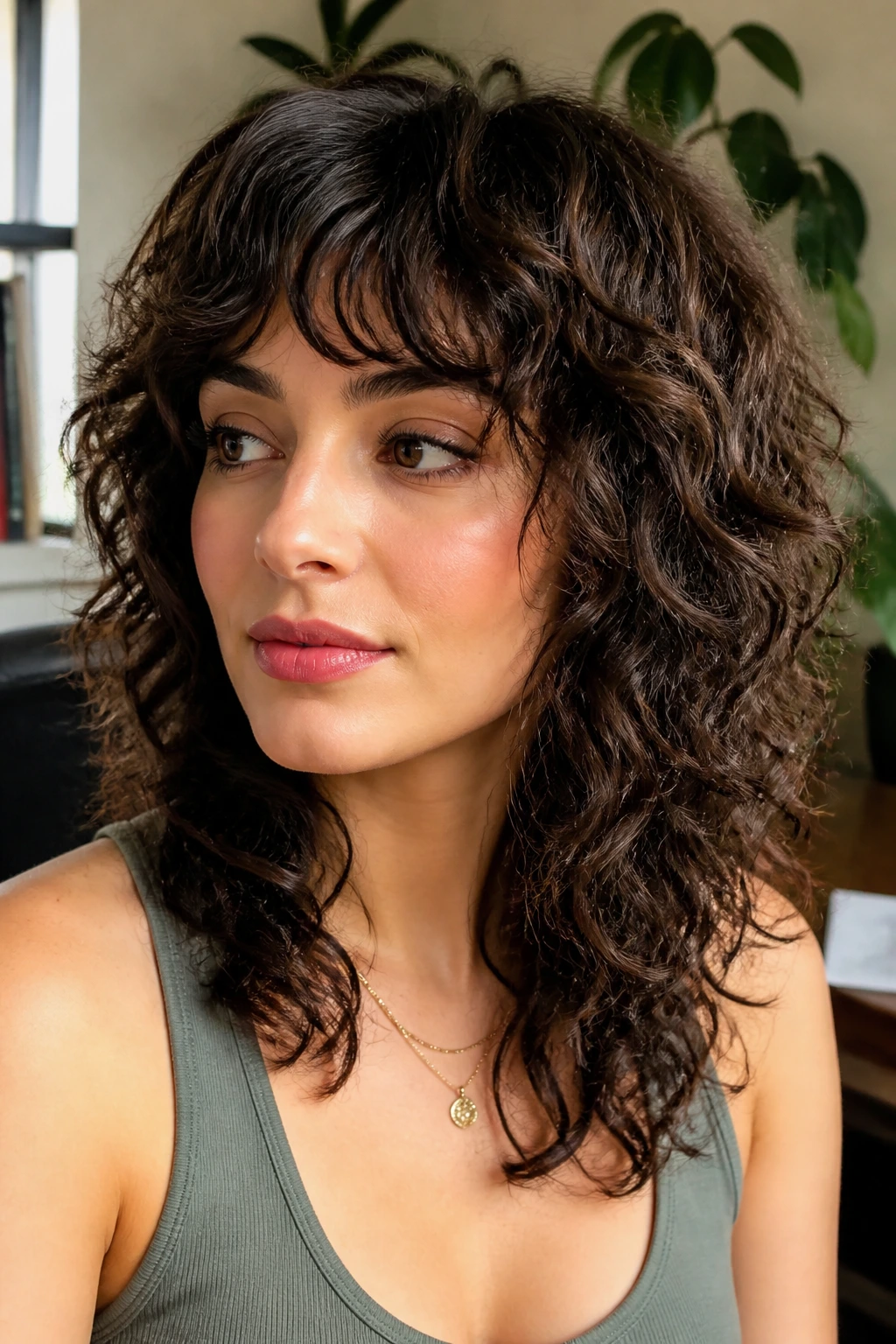 Close-up portrait of a real person with internal-layer shag in a bright home study
