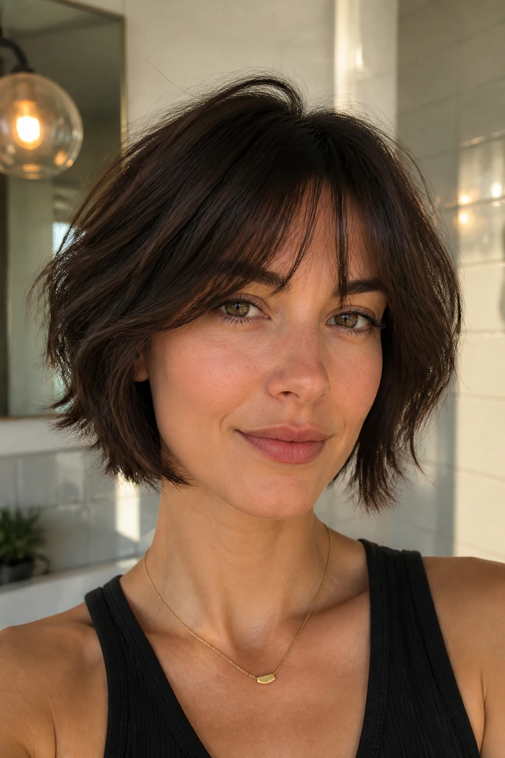 Close-up of a real woman with inner-layer wisps in thick hair in warm bathroom light