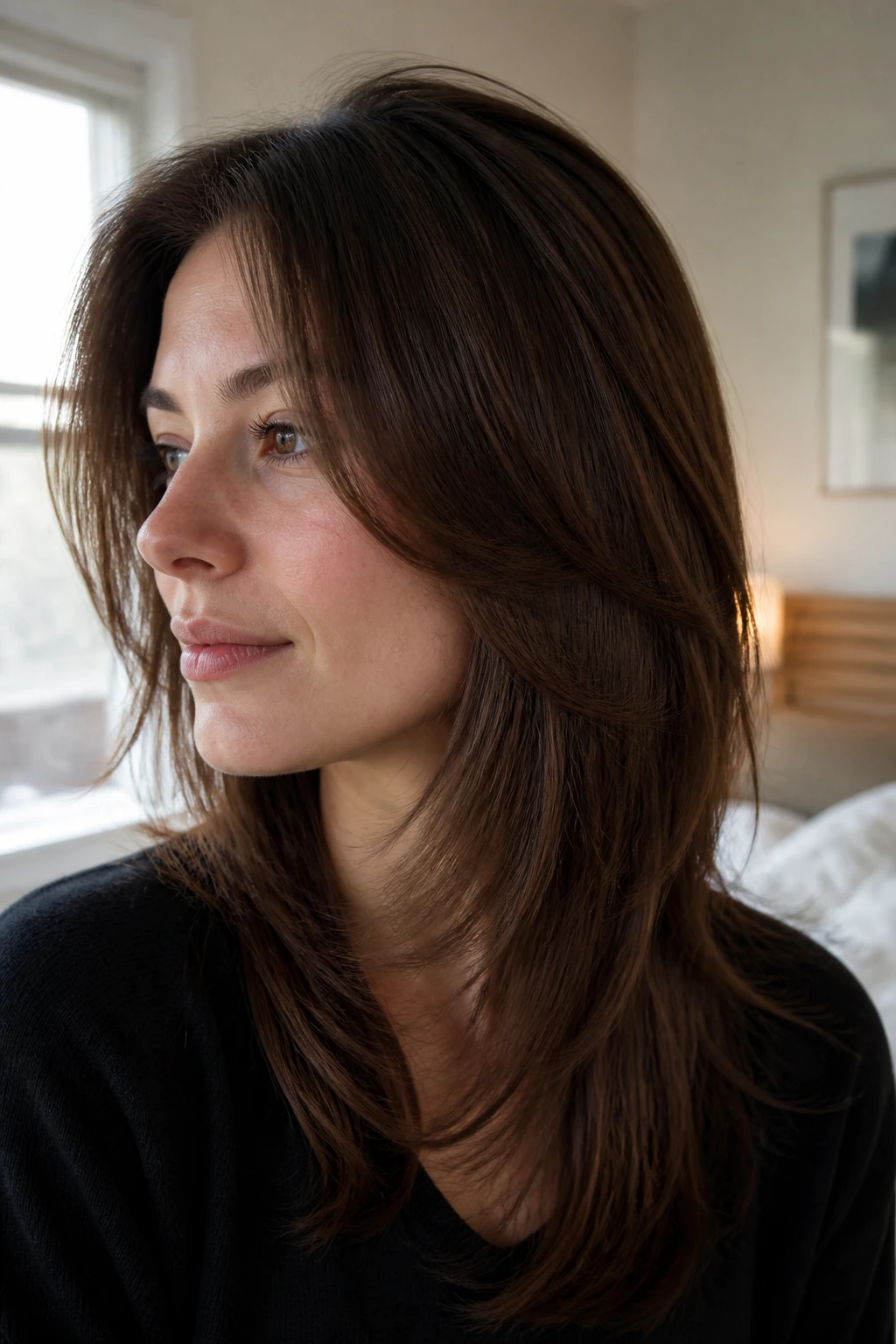 Close-up portrait of a real woman with an internal-layer wolf cut for straight fine hair
