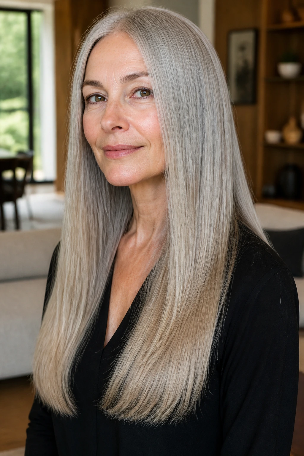 Woman with long straight hair showing internal layering