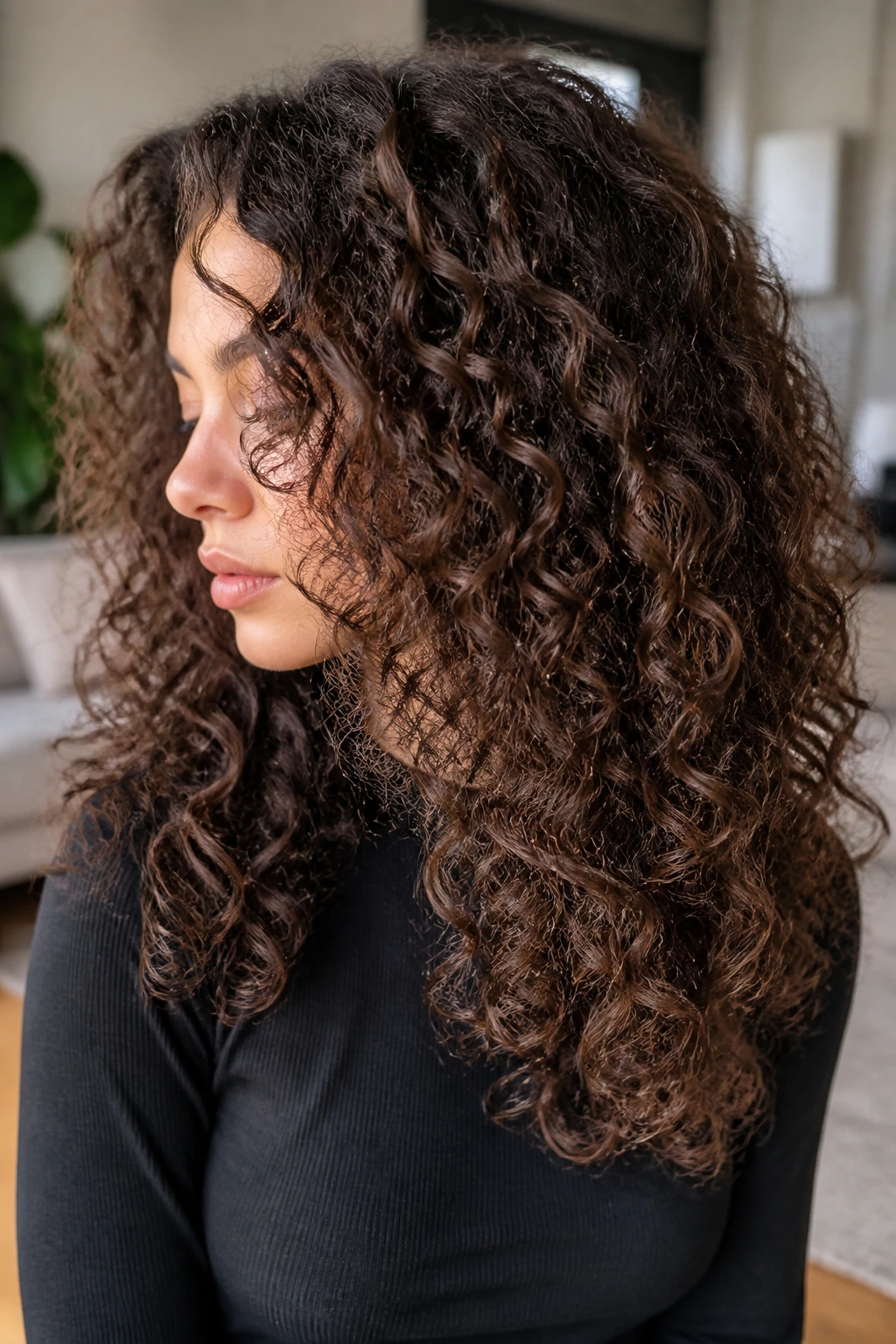 Real person showing internal layering in thick curly hair