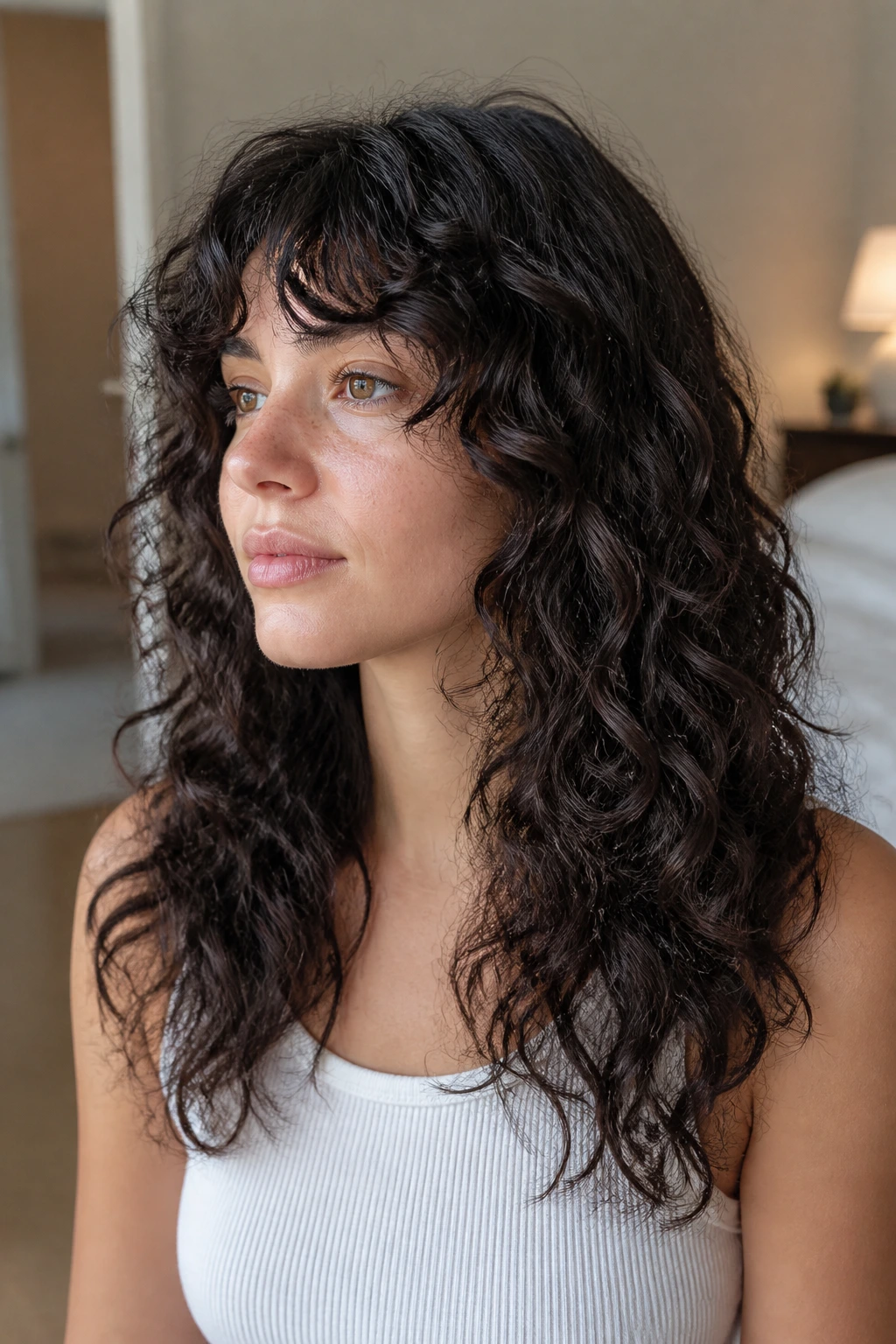 Real woman with hair appearing one length from outside and subtle internal layers