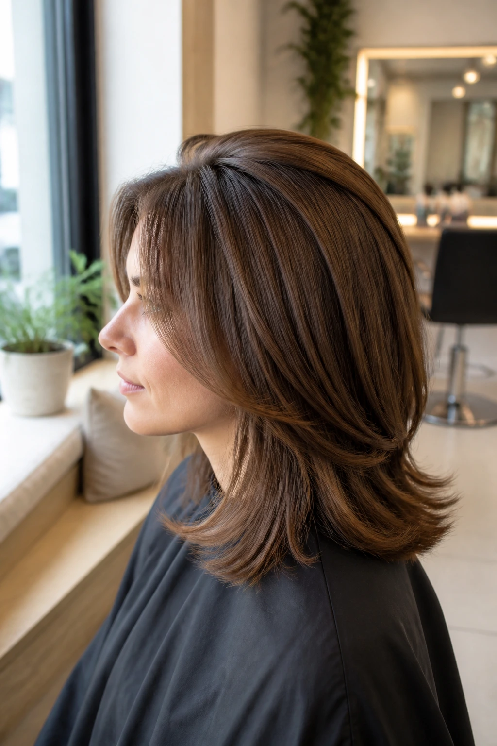 Side-profile portrait showing hidden lift from internal hair layers on a real person