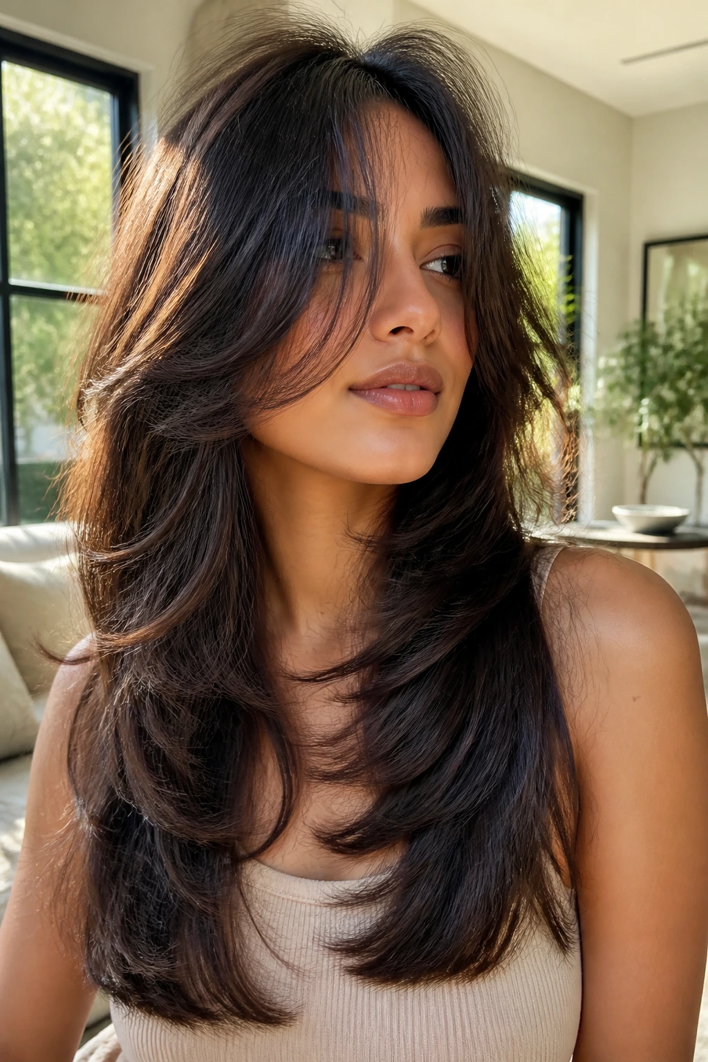 Close-up portrait of a real person with thick hair showing interior layers and front frame.