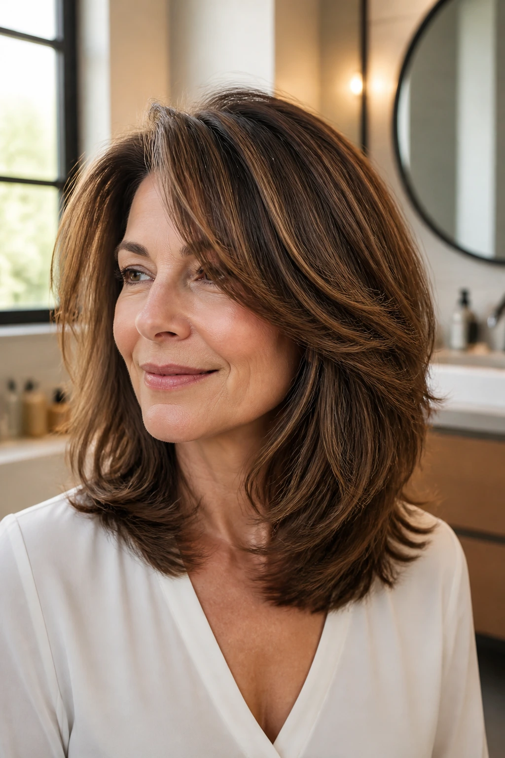 Close-up of real woman with internal layers in thick hair reducing bulk