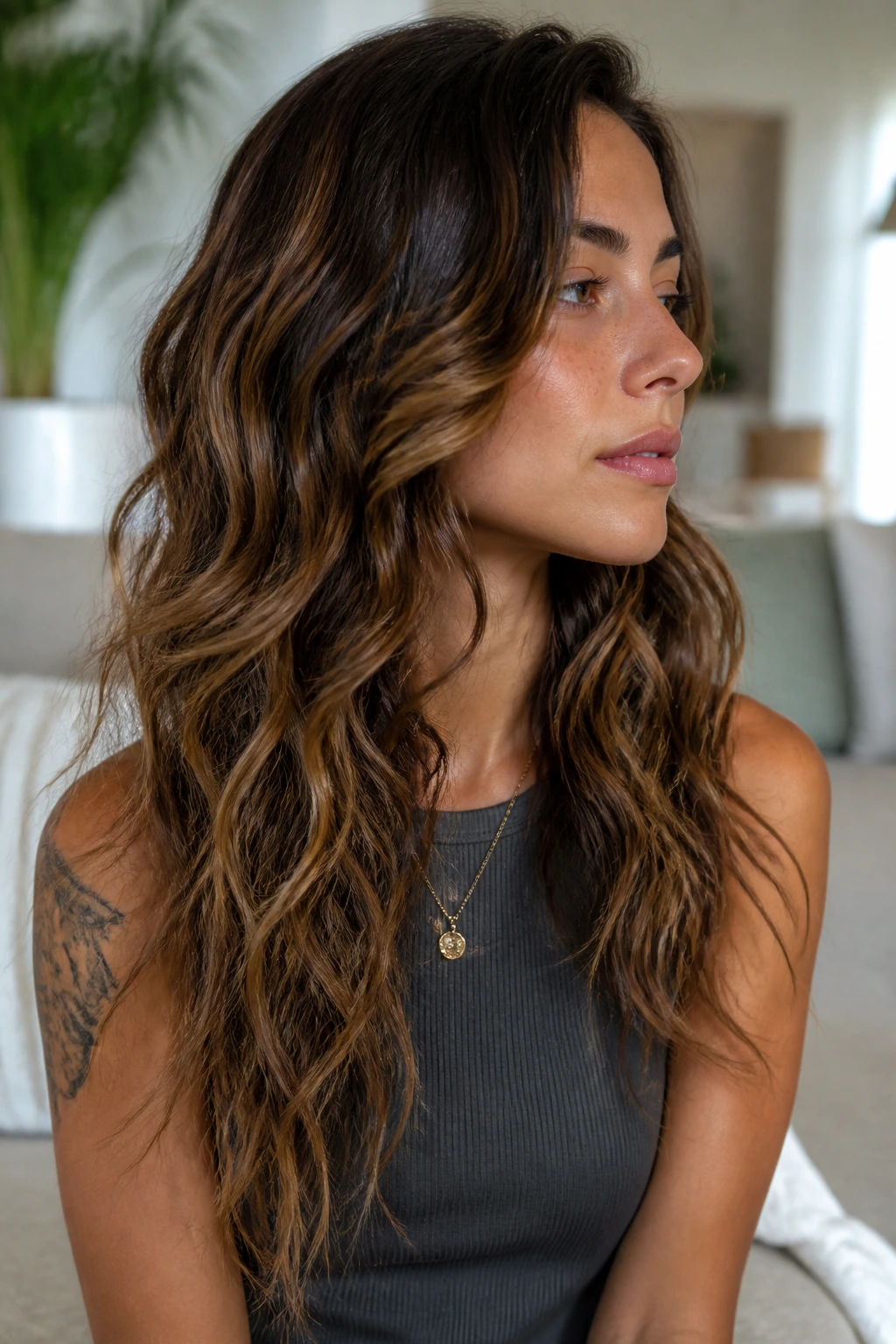 Close-up of a real woman with internal layers reducing bulk inside long waves