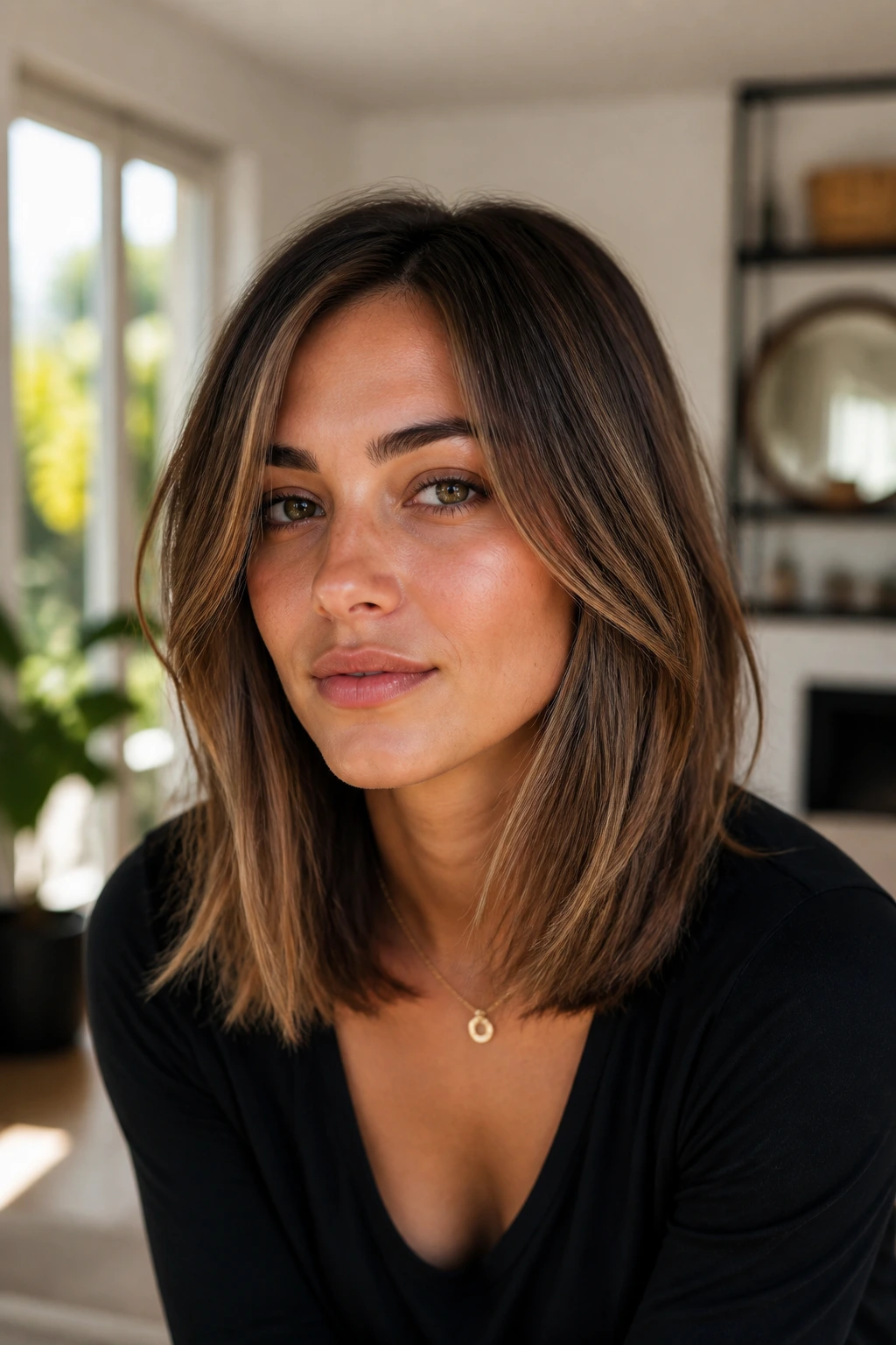 Close-up portrait of a real woman with inner-weight-removed lob and flat silhouette