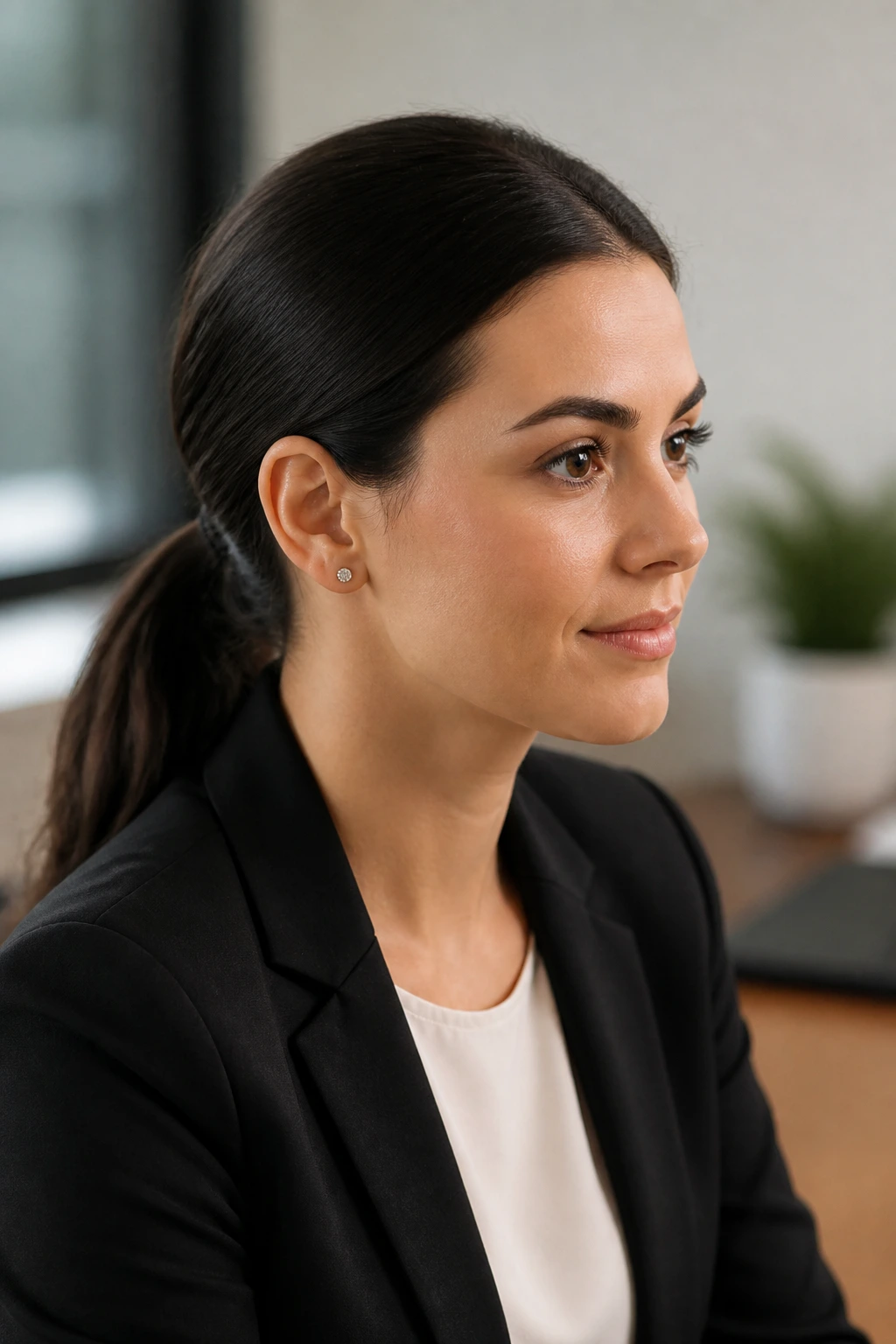 Professional portrait of a person with a calm, low ponytail for an interview