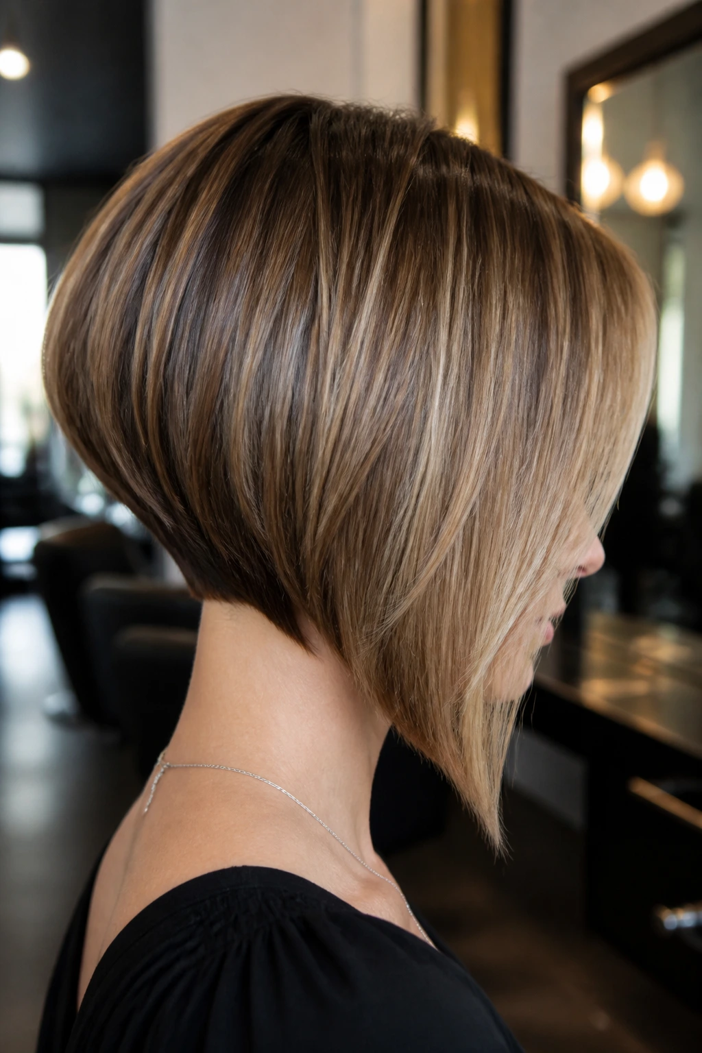 Close-up portrait of a real person showing an inverted angled bob with dramatic back and longer front