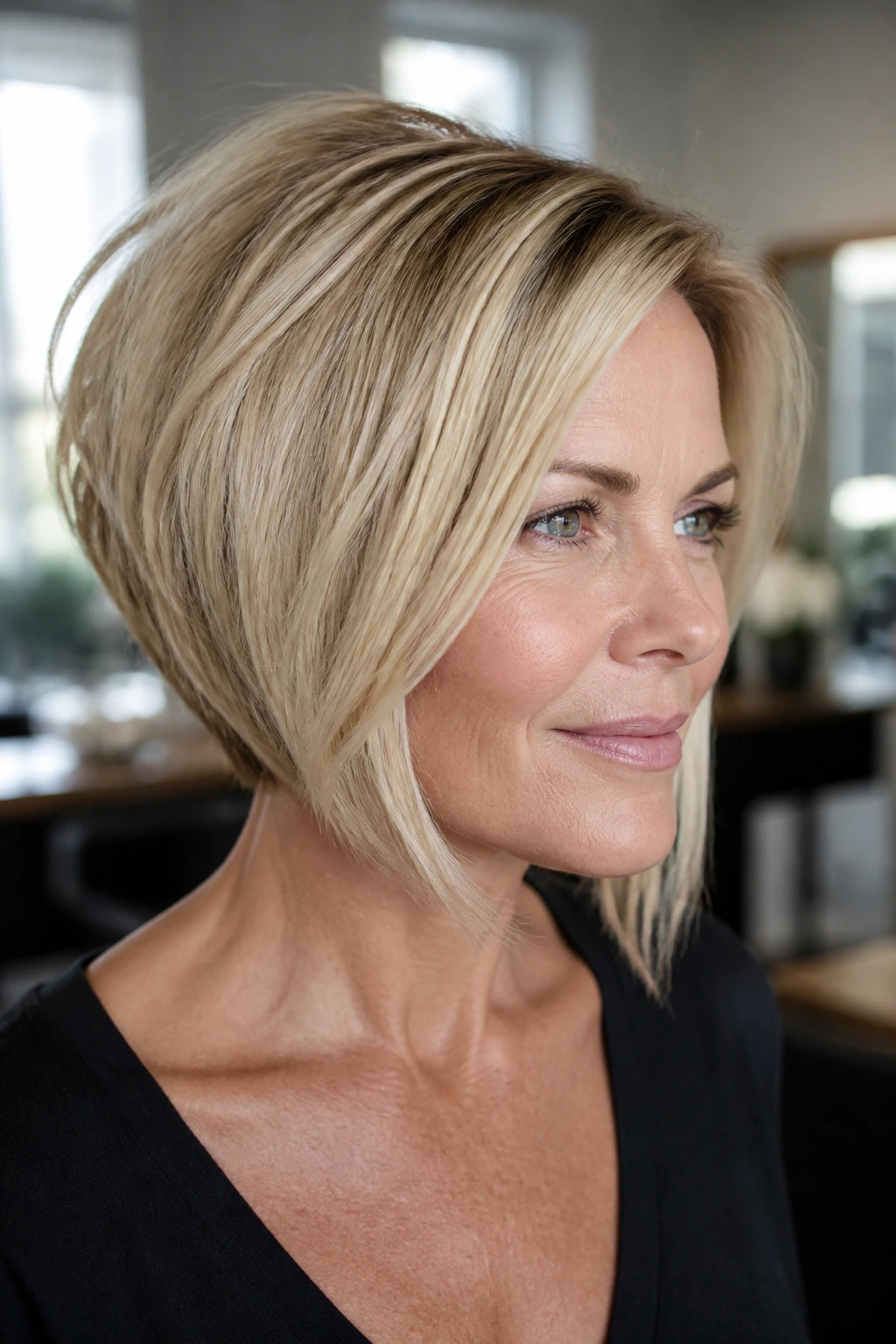 Portrait of a real woman with an inverted blonde bob showing crown lift.