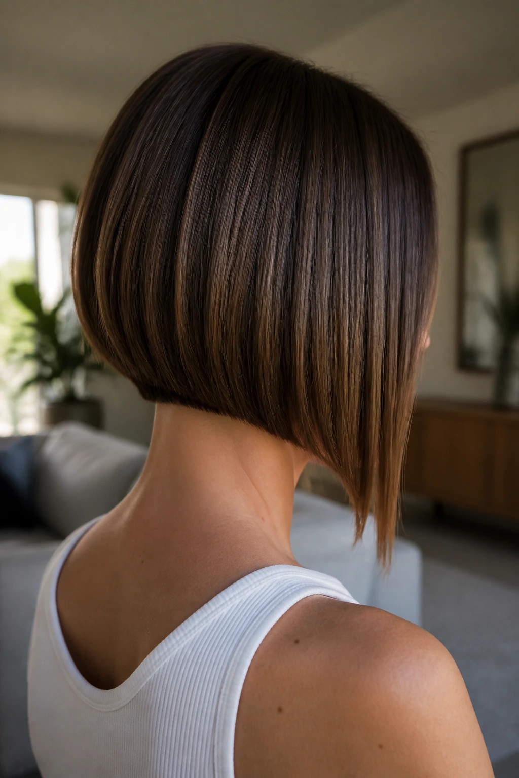 Three-quarter back view of a real woman with an inverted blunt bob