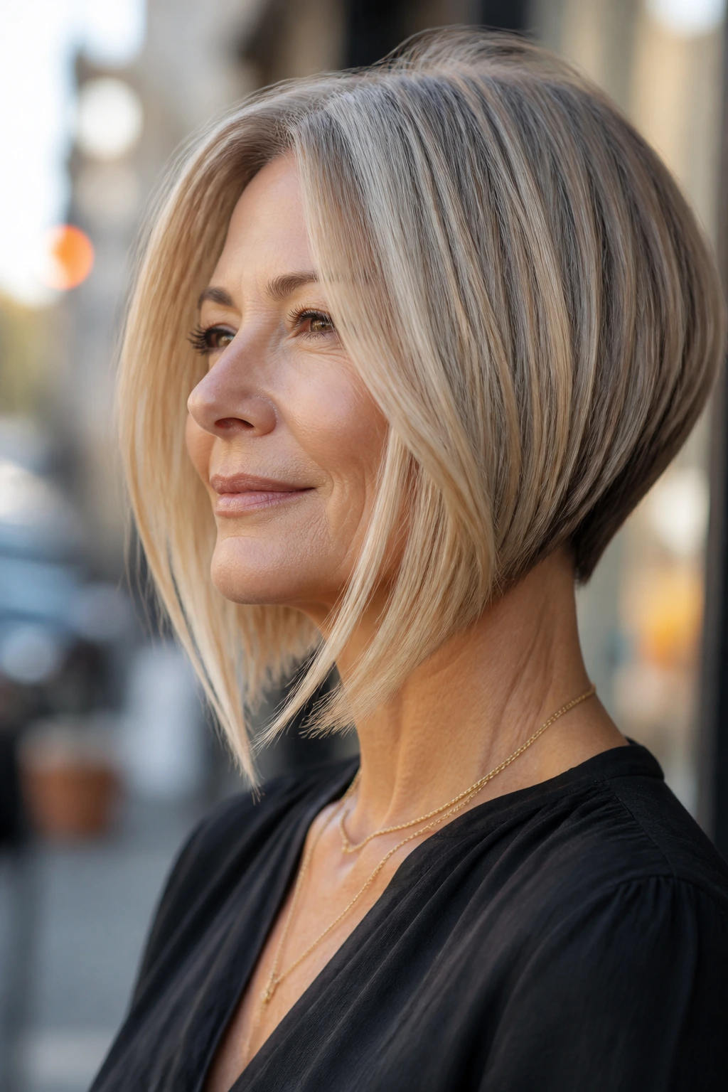 Real woman with inverted bob in close-up.