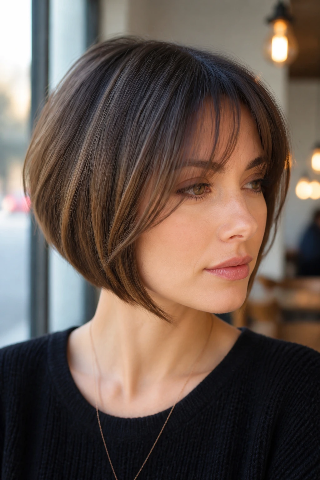 Close-up of a real woman with inverted bob and airy fringe in natural daylight.