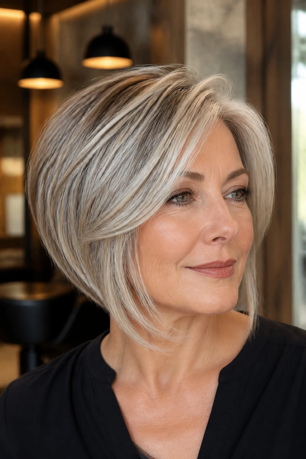 Close-up of a real woman's face with an inverted bob and ash-silver highlights