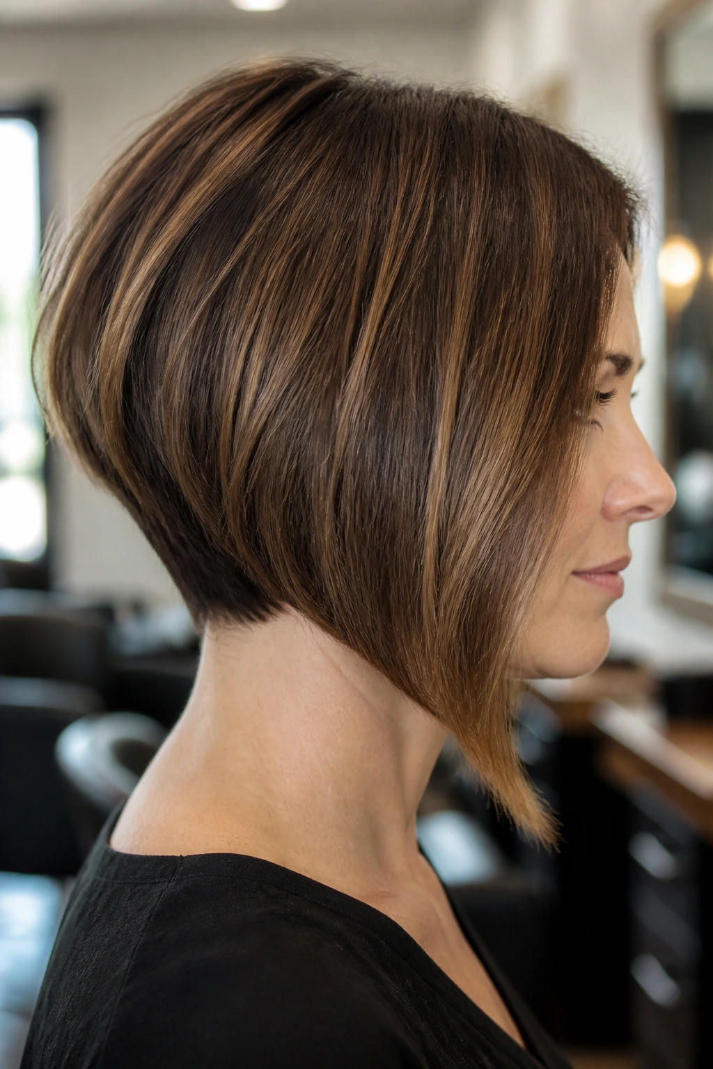 Close-up side-profile of a real person with an inverted asymmetrical bob.