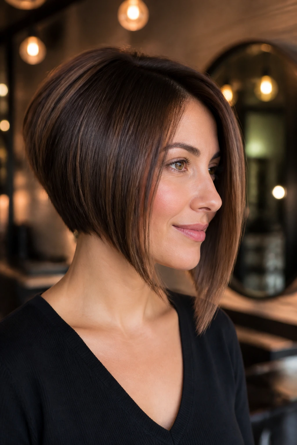 Close-up of real woman with inverted bob showing stacked back and longer front