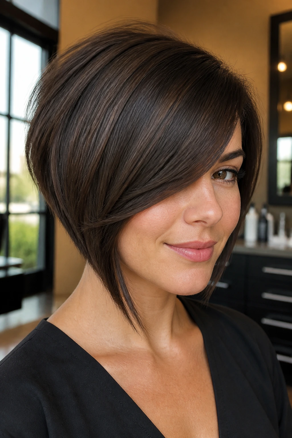 Close-up portrait of a real woman with inverted bob and heavy side bangs.