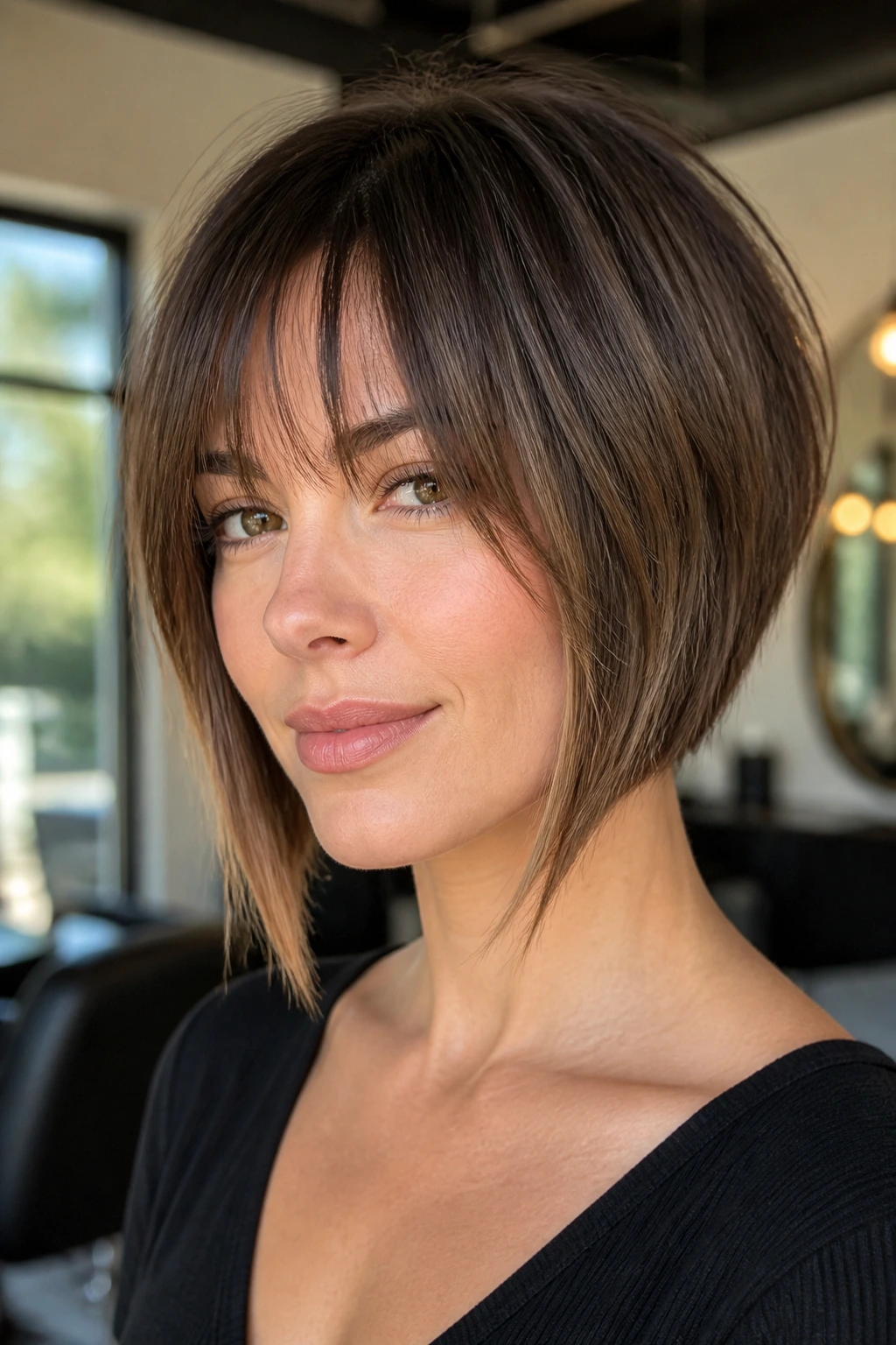 Close-up portrait of a real woman with inverted bob and broken fringe in warm natural light