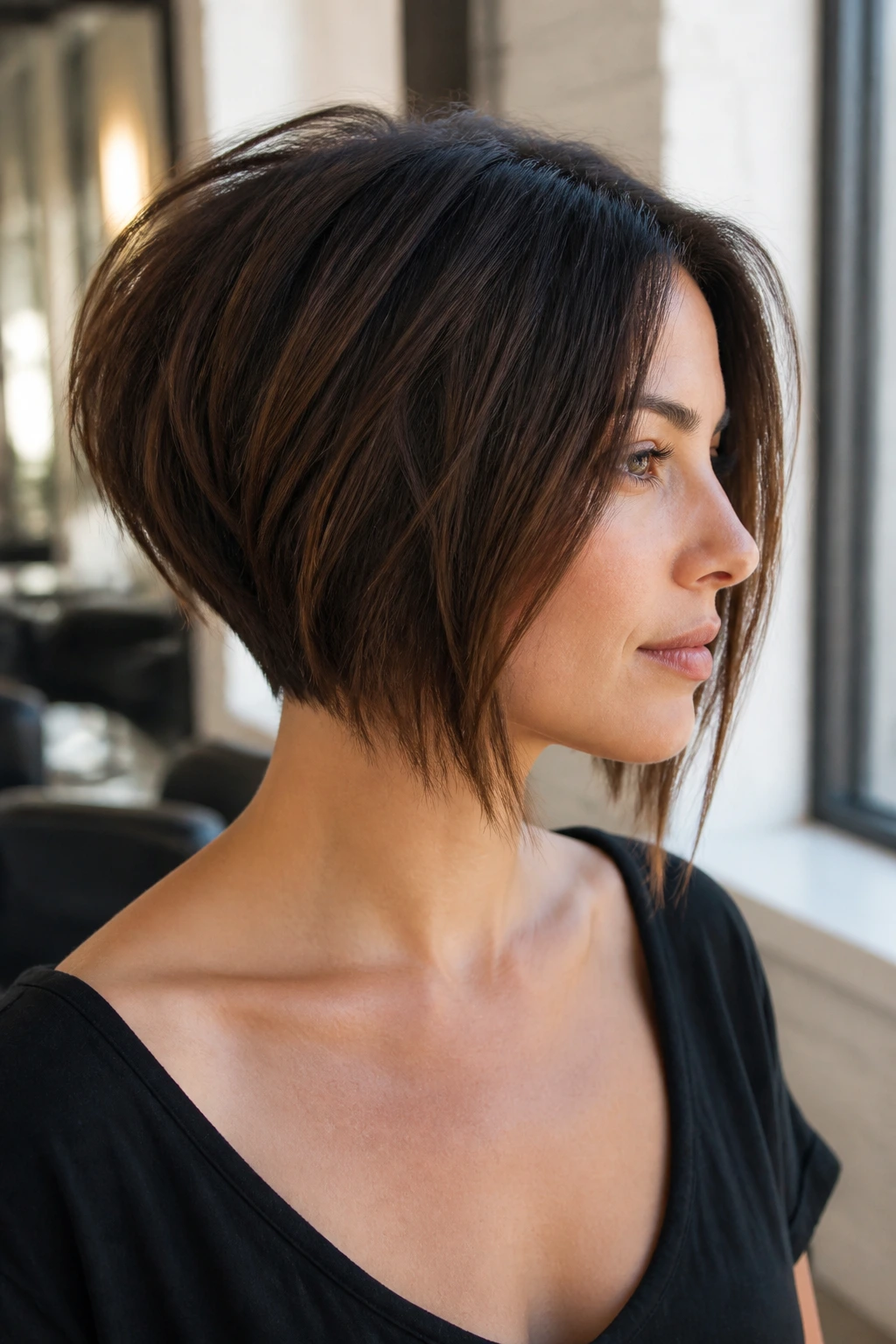 Close-up portrait of a real woman with an inverted bob and choppy nape, warm salon lighting.
