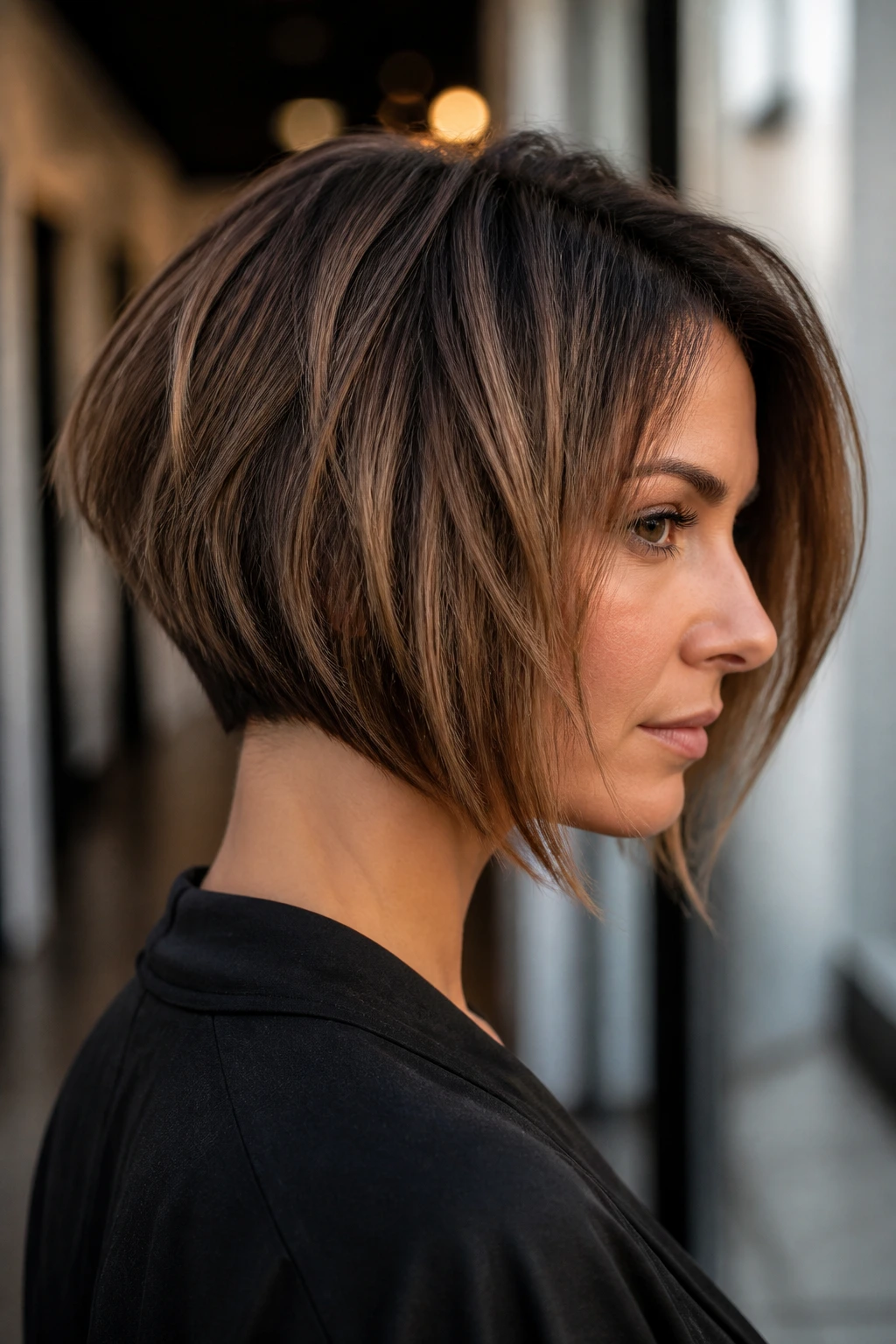 Portrait of a person with an inverted choppy bob and sharp nape