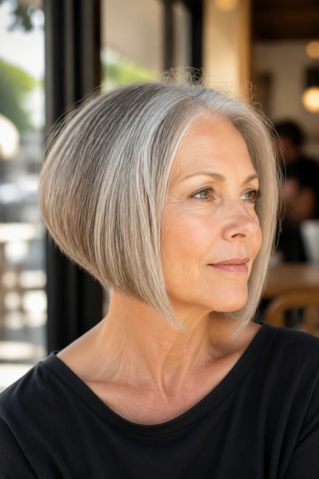 Close-up portrait of a real woman with inverted bob showing longer front and shorter back in natural light