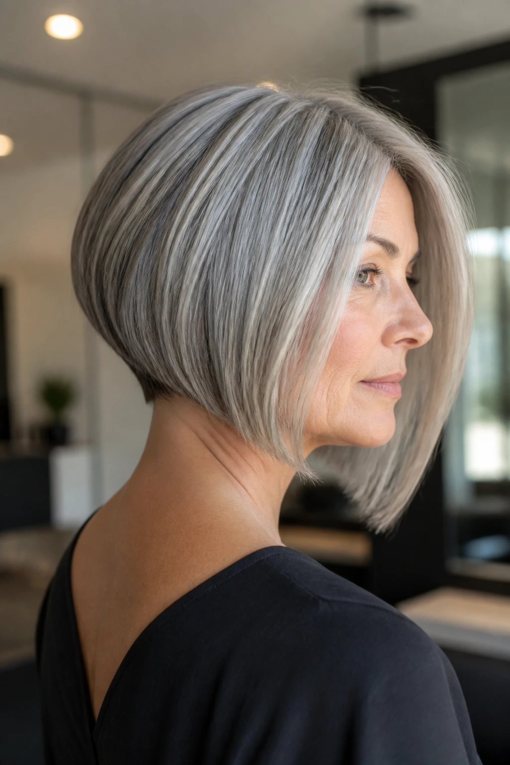 Close-up portrait of a real woman with inverted bob and clean nape