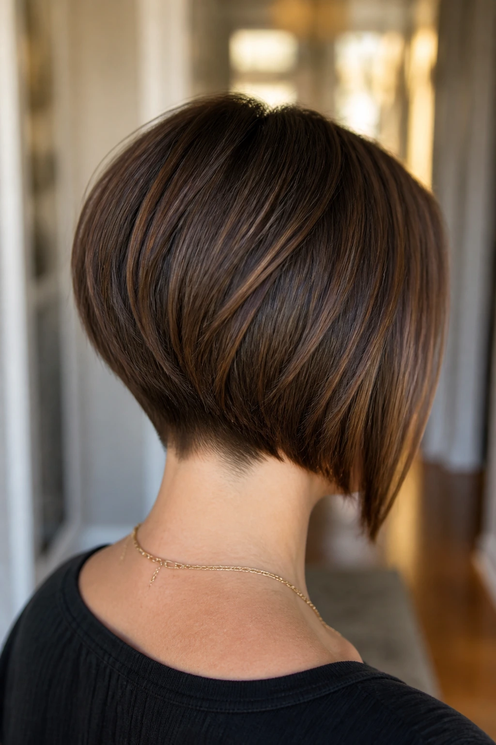 Back-of-head view of inverted bob with clean nape on real woman.
