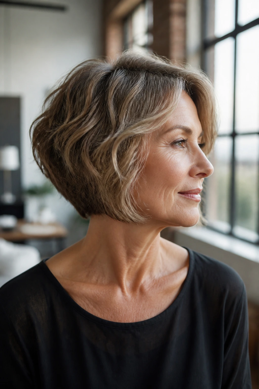 Close-up of a woman with inverted bob and crown lift in bright loft light
