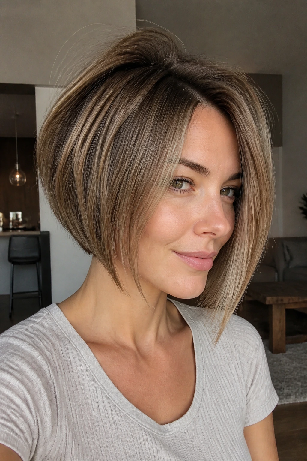 Close-up of a real woman with inverted bob and crown lift