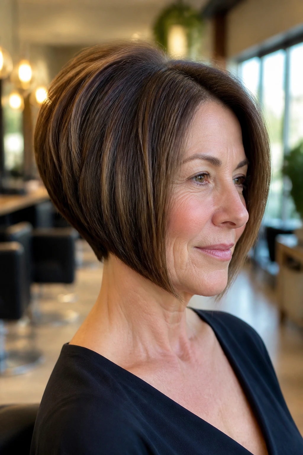 Real woman with an inverted bob showing crown lift on thick hair.
