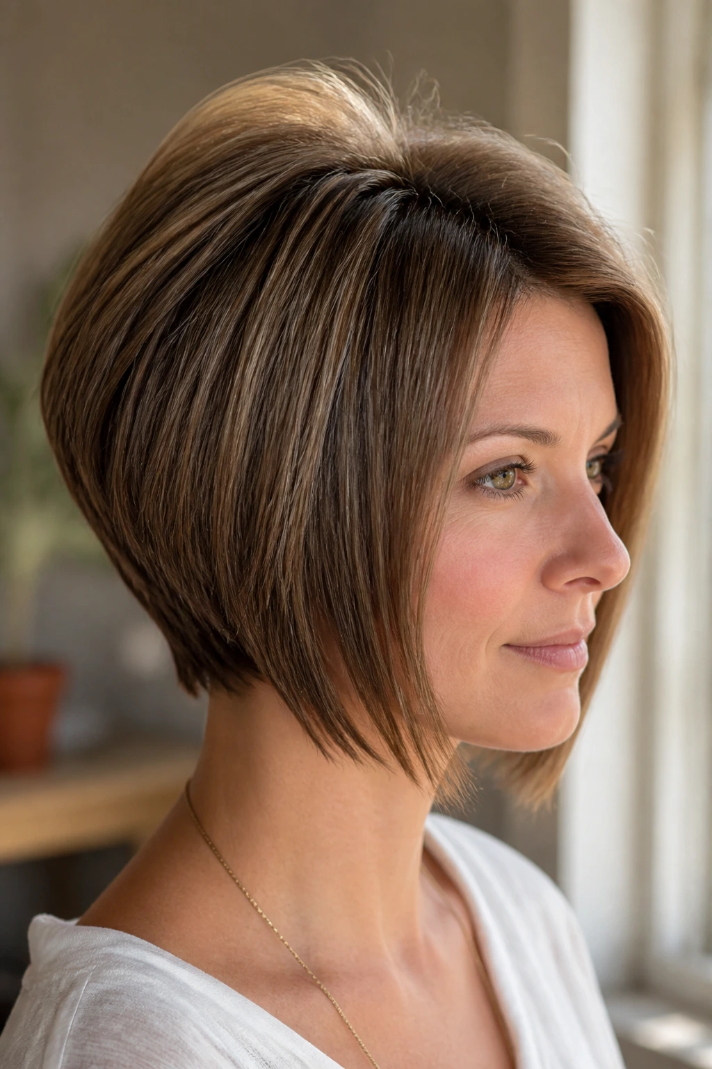 Portrait of a woman with an inverted bob and crown volume.