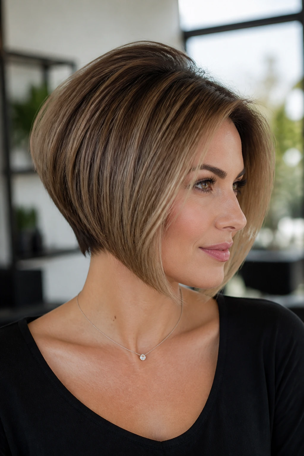 Portrait of a real woman with inverted bob crown volume in a softly lit salon