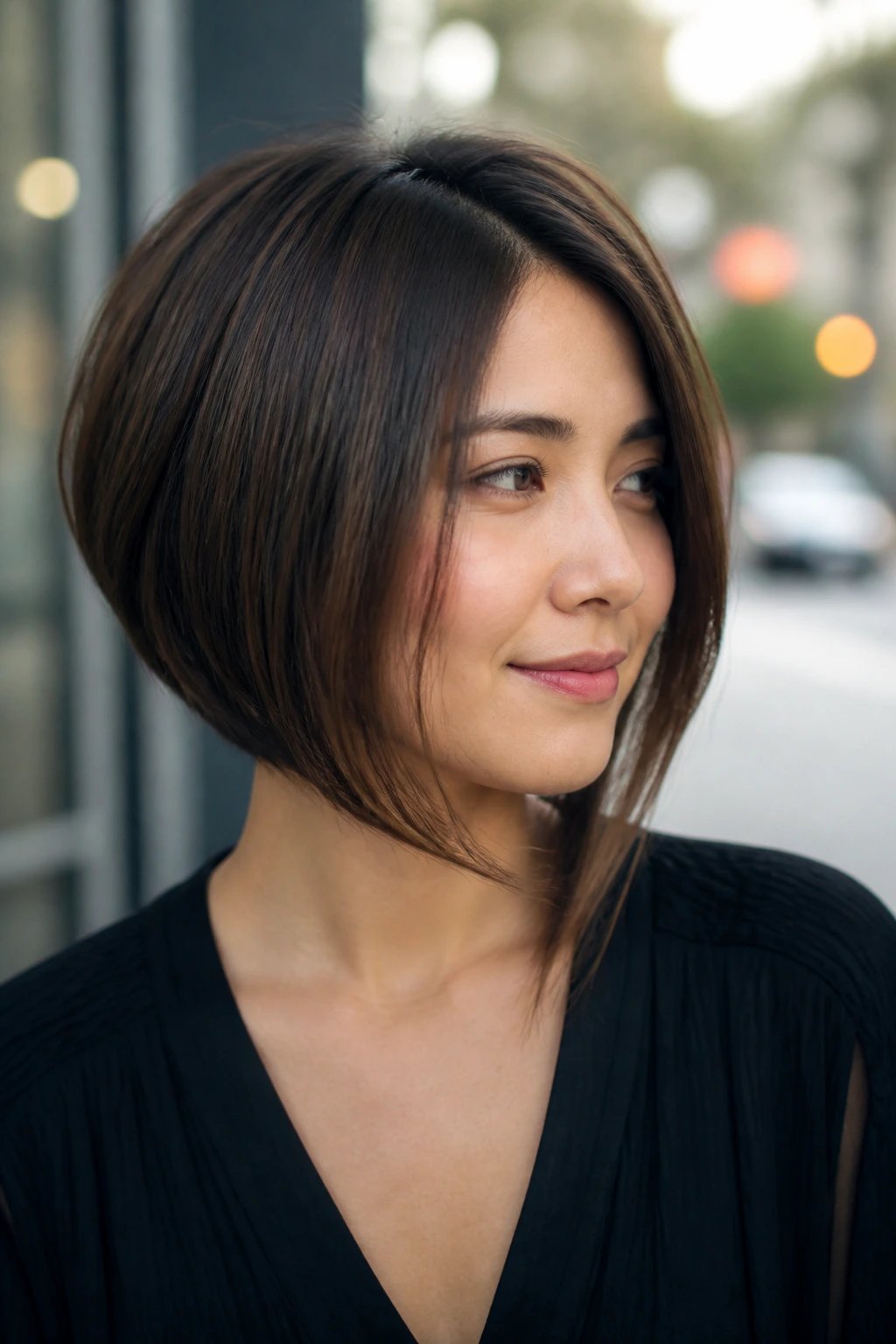Portrait of a woman with curved inverted bob and longer front pieces in soft daylight