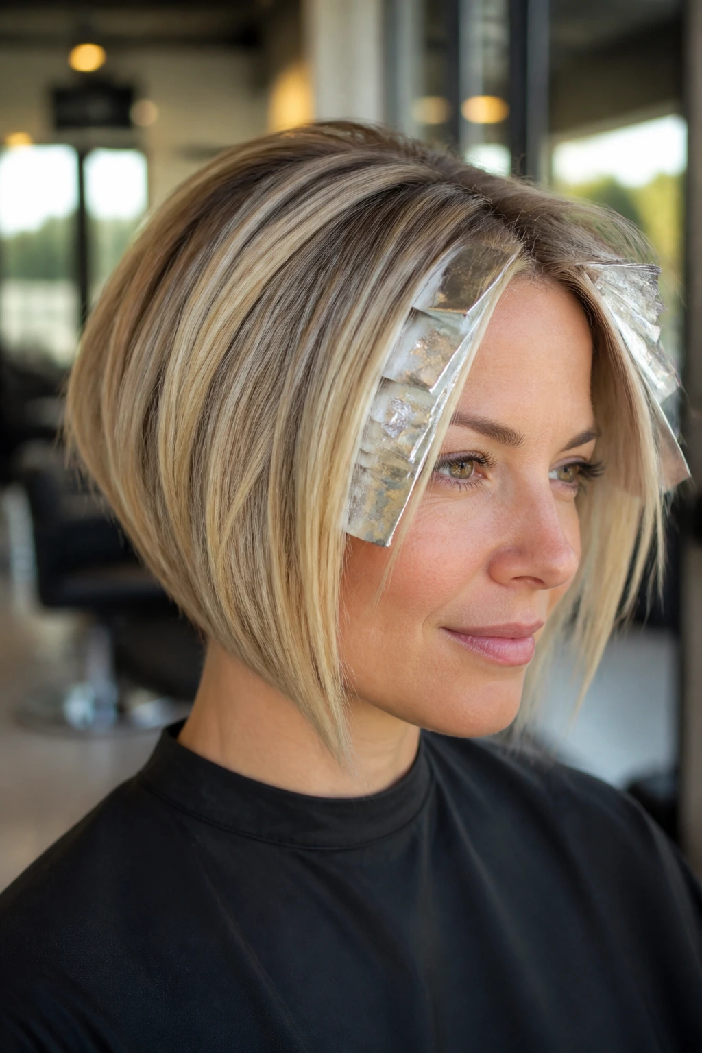 Close-up of a real woman with inverted bob and front corner foils