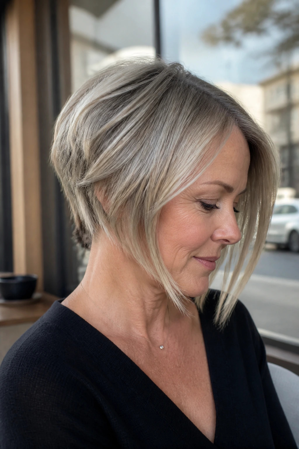 Portrait of a real woman with inverted bob and feathered back showing lifted silhouette