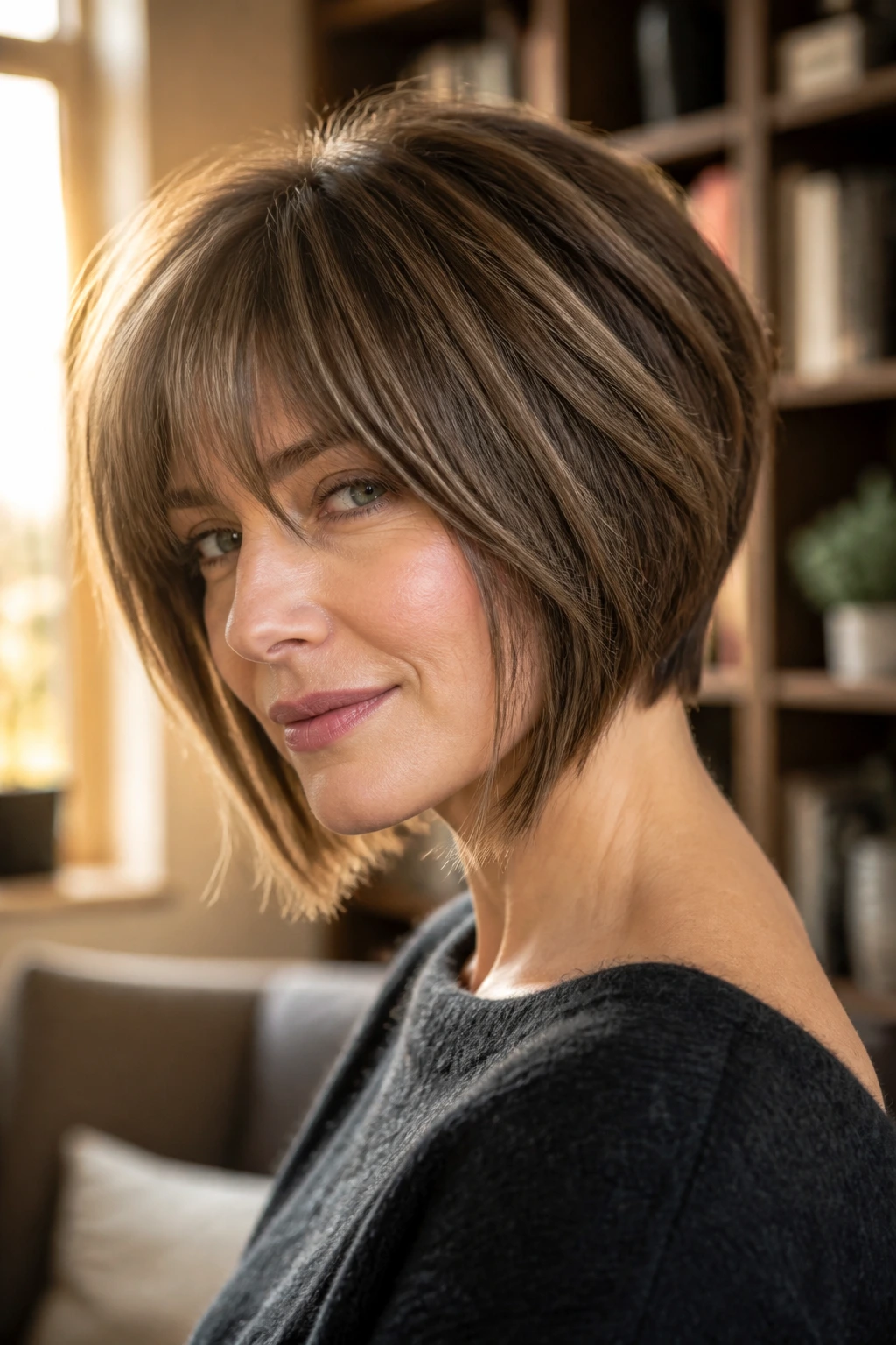 Close-up portrait of a real woman with an inverted bob and feathered bangs in warm natural light