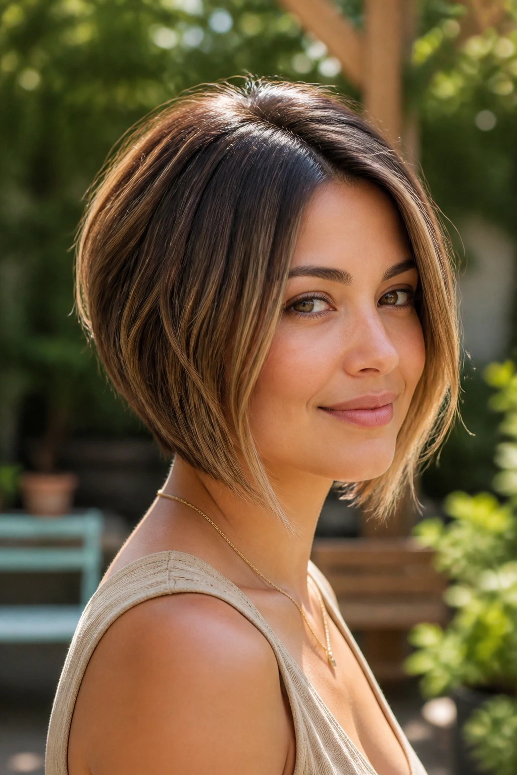 Real person with Inverted Bob With Feathered Ends in garden light