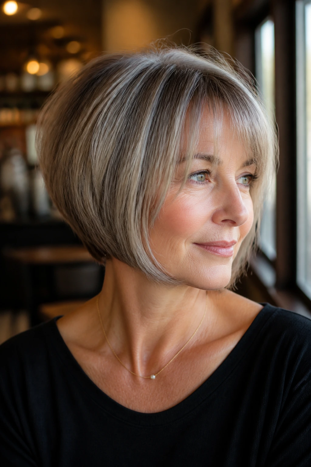 Close-up portrait of a real woman with an inverted bob and floating bangs