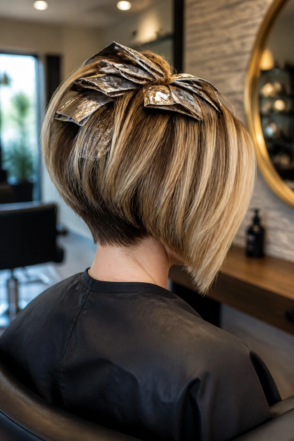 Rear three-quarter view of a real person with an inverted foil-highlight bob.