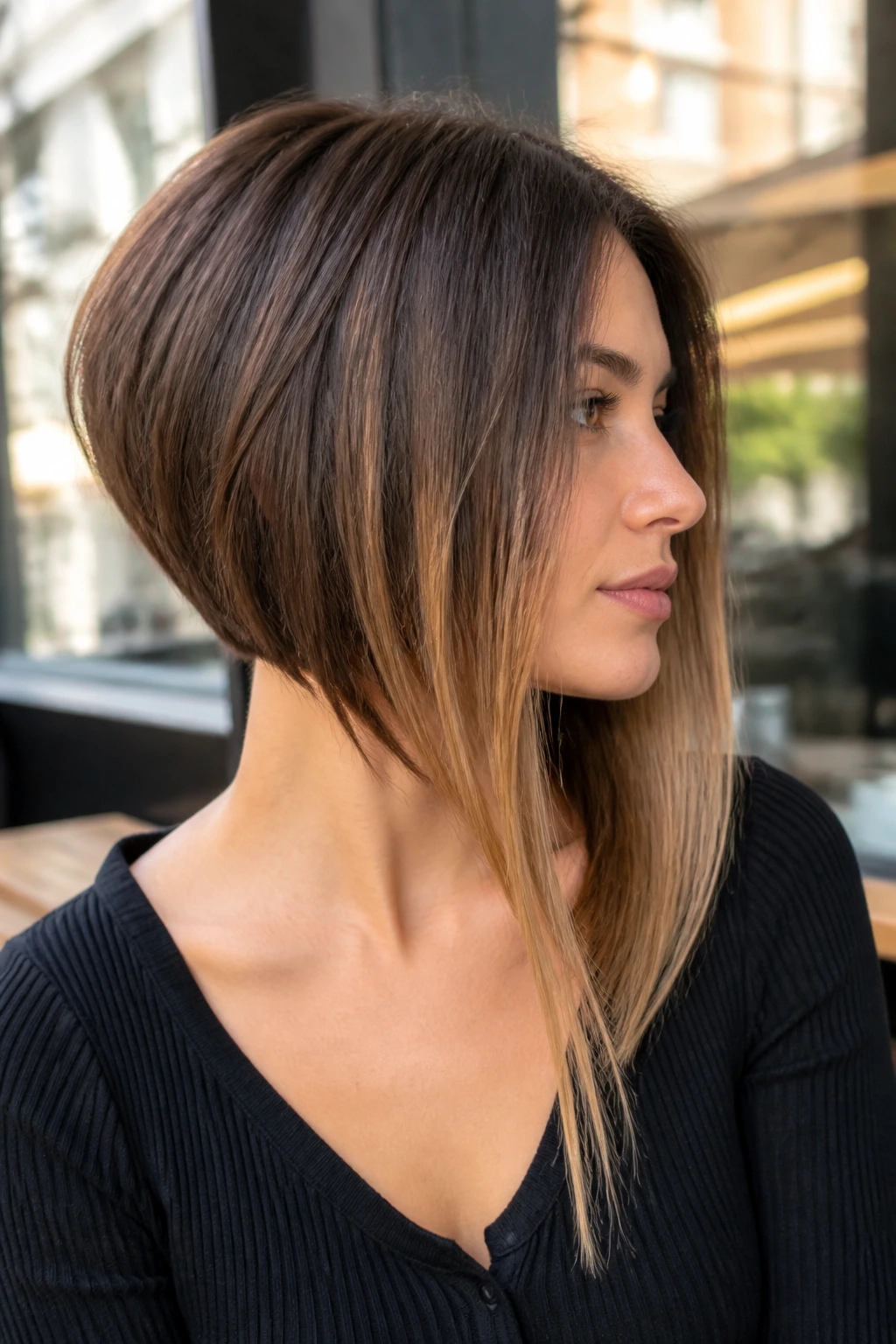 Close-up portrait of a real woman with an inverted bob and long front pieces in window light