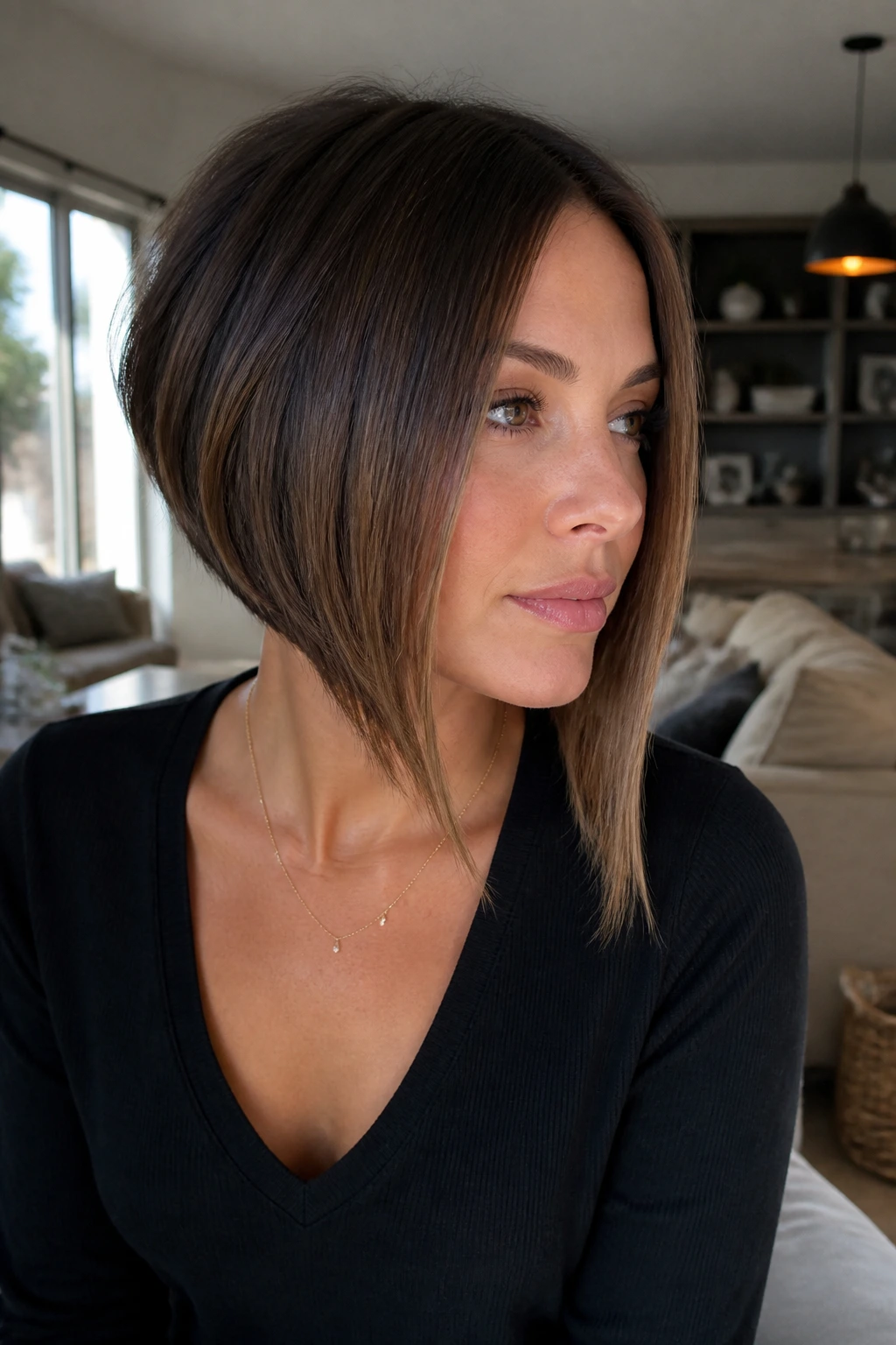 Close-up of real woman with inverted bob and long front pieces