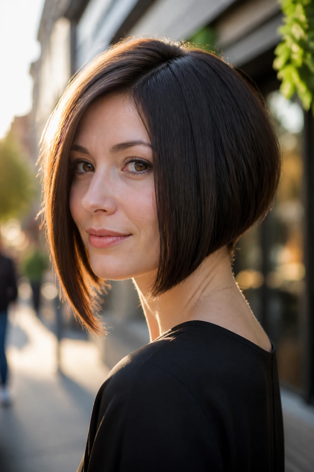 Portrait of a real woman with graduated inverted bob showing forward weight.