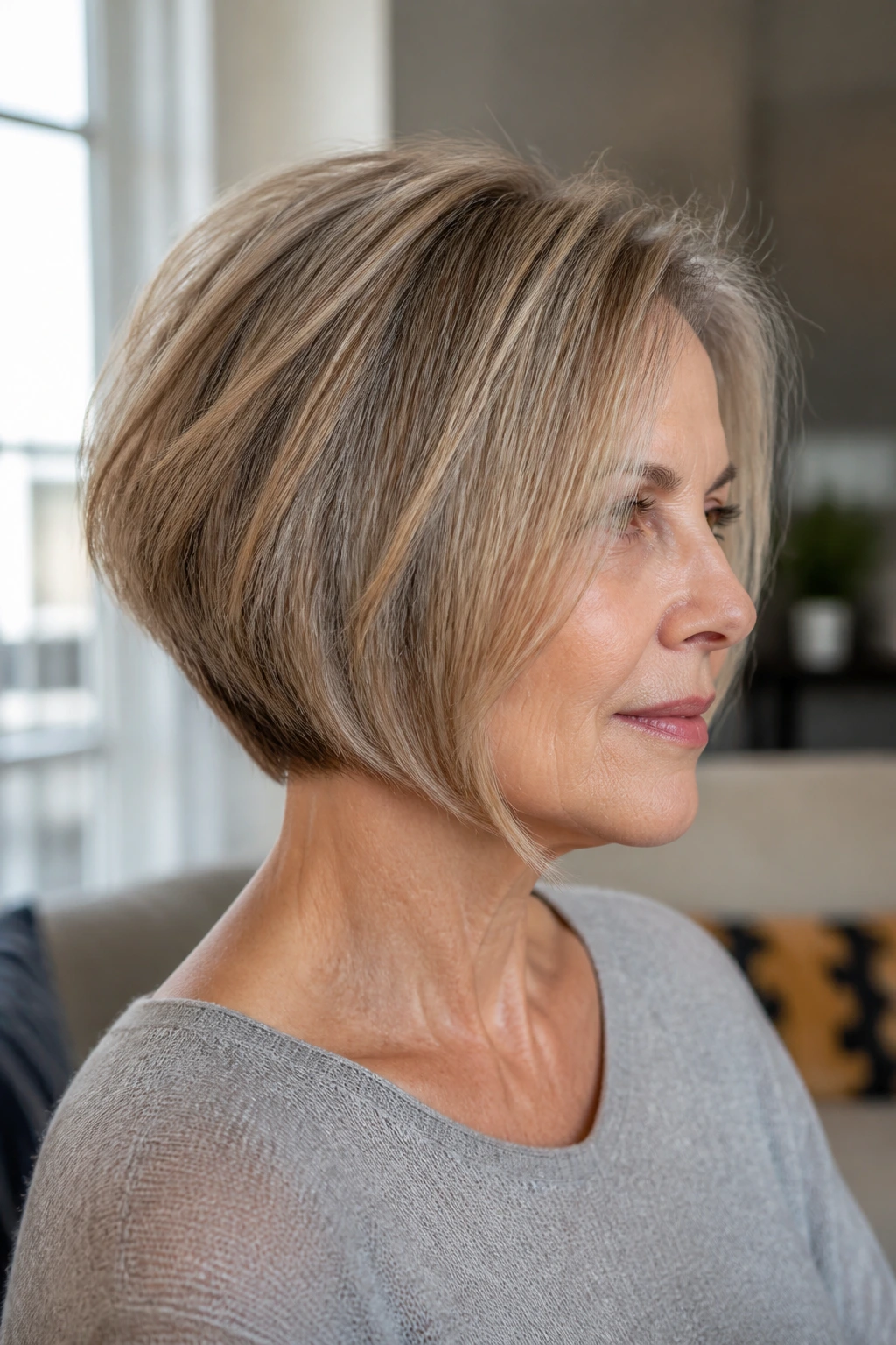 Portrait of a real woman with an inverted bob showing soft graduation