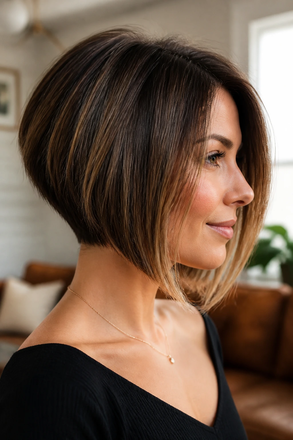 Close-up of a real woman with an inverted bob showing stacked back and longer front pieces in warm window light