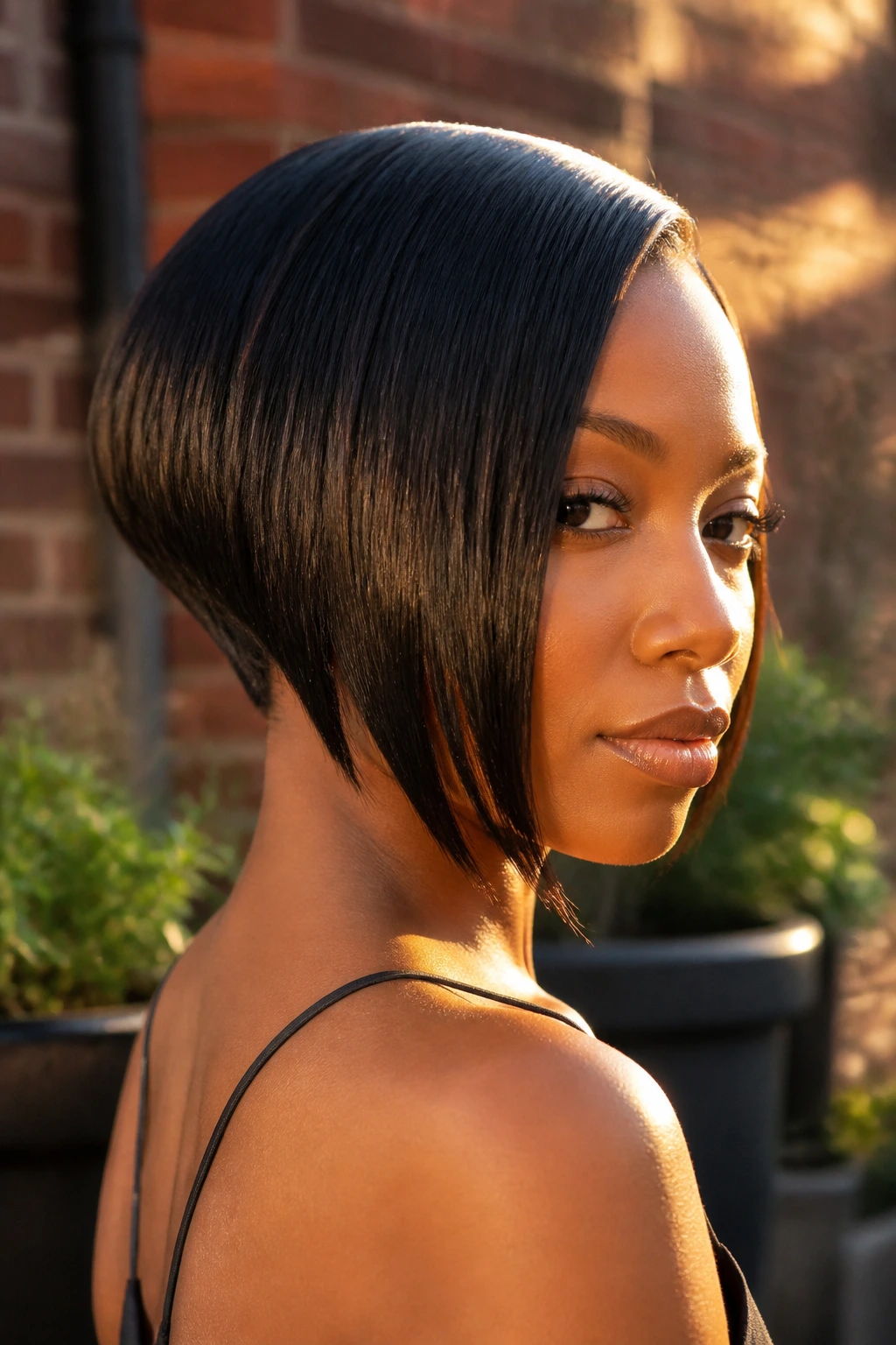 Real Black woman with inverted bob showing sharp nape and jaw-skimming front pieces in outdoor light